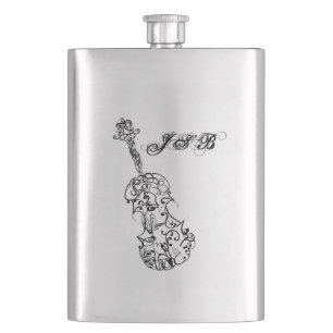 Violin Black Line Drawing Customisable Monogram Hip Flask