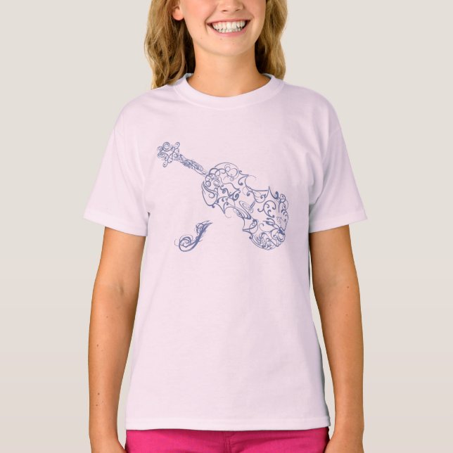 Violin Blue Line Drawing With Initial T-Shirt (Front)