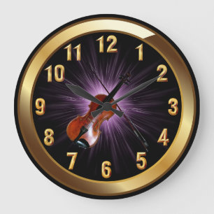 Violin~Classy Black Gold & Purple Glow Background~ Large Clock