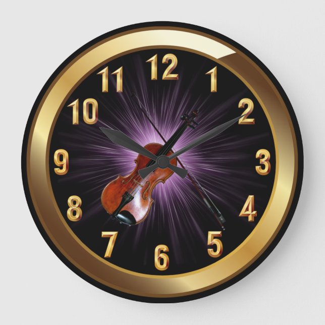 Violin~Classy Black Gold & Purple Glow Background~ Large Clock (Front)