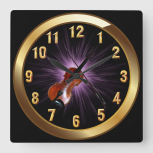 Violin~Classy Black Gold & Purple Glow Background~ Square Wall Clock