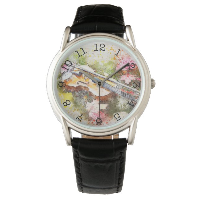 Violin- Crown Protector Black Leather Watch (Front)