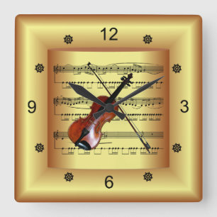 Violin ~ Curved Sheet Music ~ Gold Background ~  Square Wall Clock