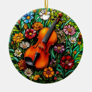 Violin Floral  Ceramic Ornament