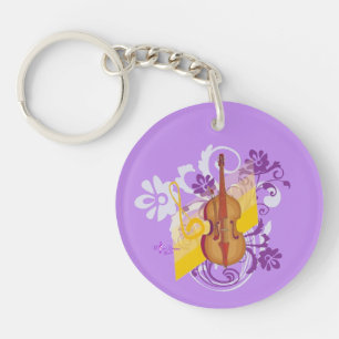 Violin Floral Swirl Purple Round 2-Sided Keychain