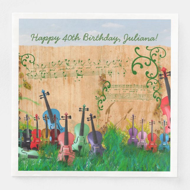Violin Garden Optional Birthday Message Napkin (Front)