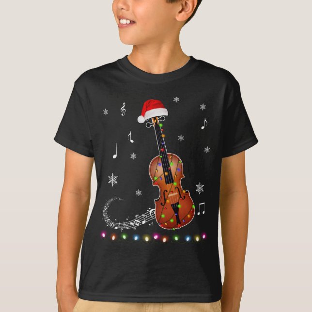 Violin Instrument Santa Hat Christmas Lights Xmas  T-Shirt (Front)