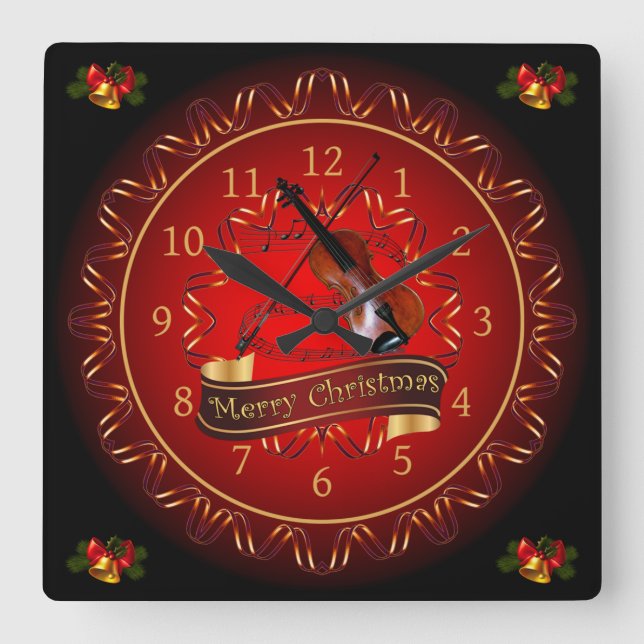 Violin ~ Merry Christmas ~ Maroon & Black ~  Square Wall Clock (Front)