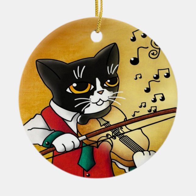 Violin Music Cat Ceramic Ornament (Front)