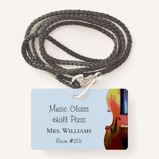 Violin Music Orchestra Class Blue Hall Pass ID Badge (Front with Lanyard)