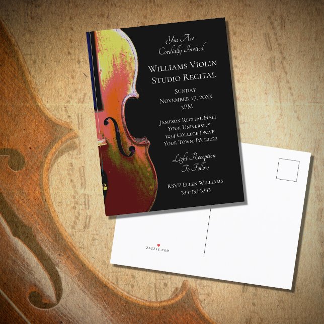Violin Music Recital Black White Invitation Postcard (Creator Uploaded)