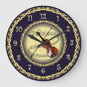 Violin ~ Musical Scroll ~ Gold/Navy Blue ~  ~ Large Clock