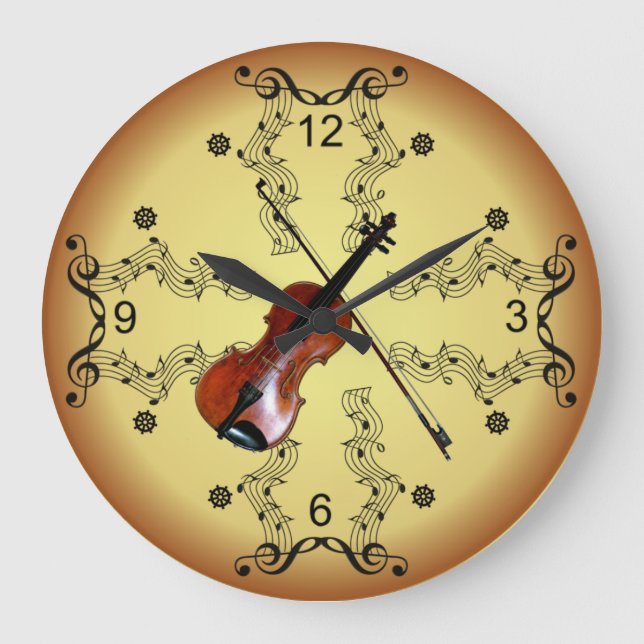 Violin ~ Musical Scroll ~ Golden Background ~ Large Clock (Front)