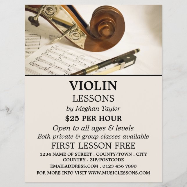 Violin Note Sheet, Violin Lessons Advertising Flyer (Front)