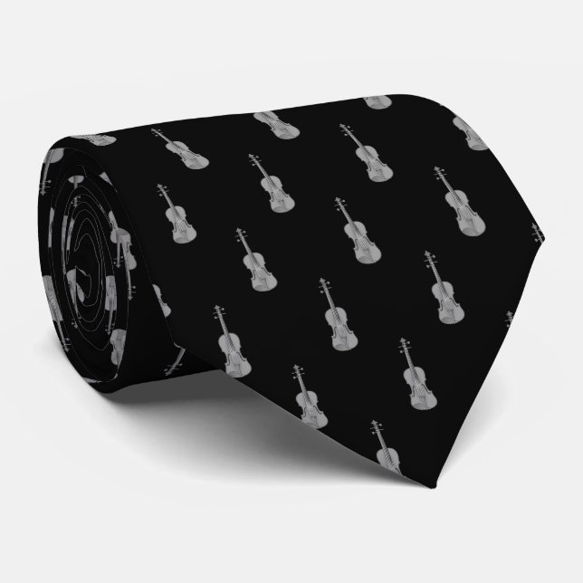 Violin Pattern - Black Silver Grey Grey White  Tie (Rolled)