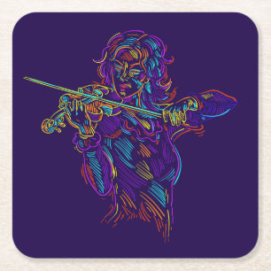 Violin Player Abstract Neon Drawing Square Paper Coaster