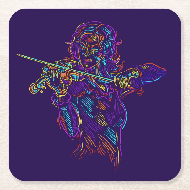 Violin Player Abstract Neon Drawing Square Paper Coaster (Front)