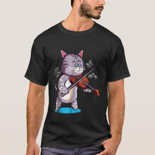 Violin Playing Cool Grey Cat Loves Music Kitten T-Shirt