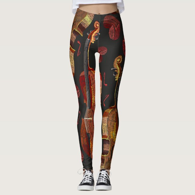 Violin Red Heart Music Pattern Leggings (Front)