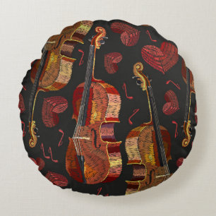 Violin Red Heart Music Pattern Round Cushion