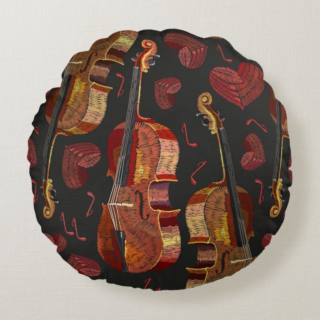 Violin Red Heart Music Pattern Round Cushion (Front)