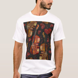 Violin Red Heart Music Pattern T-Shirt