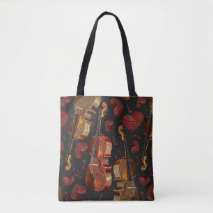 Violin Red Heart Music Pattern Tote Bag