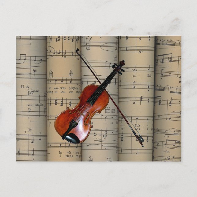 Violin ~ Rolled Sheet Music Background ~ Musical Postcard (Front)