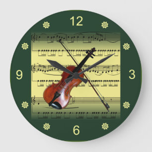 Violin~Rolled Sheet Music~Gold/Green Background~ Large Clock