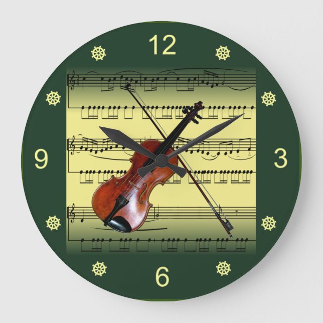 Violin~Rolled Sheet Music~Gold/Green Background~   Large Clock (Front)