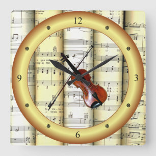 Violin ~ Rolled Sheet Music ~ Gold Ring ~ * ~ Square Wall Clock