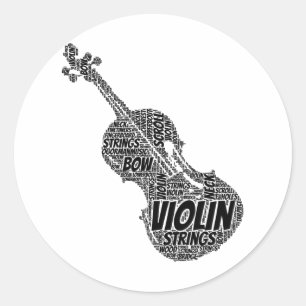 Violin Shaped Word Art Black Text Classic Round Sticker