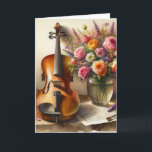Violin, Sheet Music and a Vase of Flowers Birthday Card<br><div class="desc">Happy Birthday card. Watercolor ai art depicting a violin leaning up against the wall,  sheet music and a glass vase of flowers.</div>
