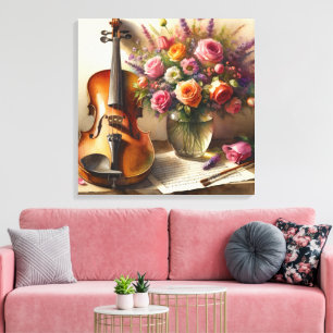 Violin, Sheet Music and a Vase of Flowers Canvas Print