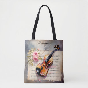 Violin Sheet Music and Flower Tote Bag
