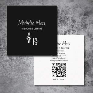 Violin Viola Music Lessons QR code Black White Square Business Card