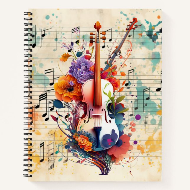 Violin Watercolor Splash Sheet Music  Notebook (Front)