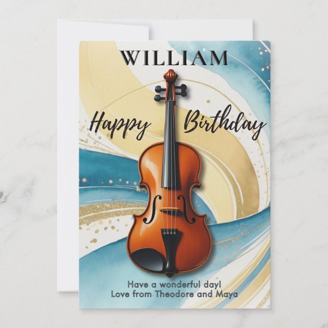 Violin Watercolor Swirls Music Themed Birthday Card (Front)