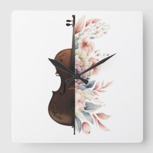 Violin with flowers. square wall clock