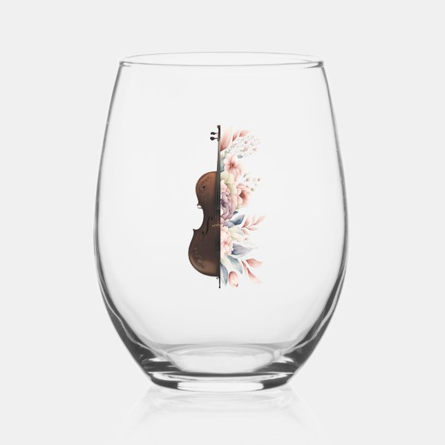 Violin with flowers. stemless wine glass (Front)