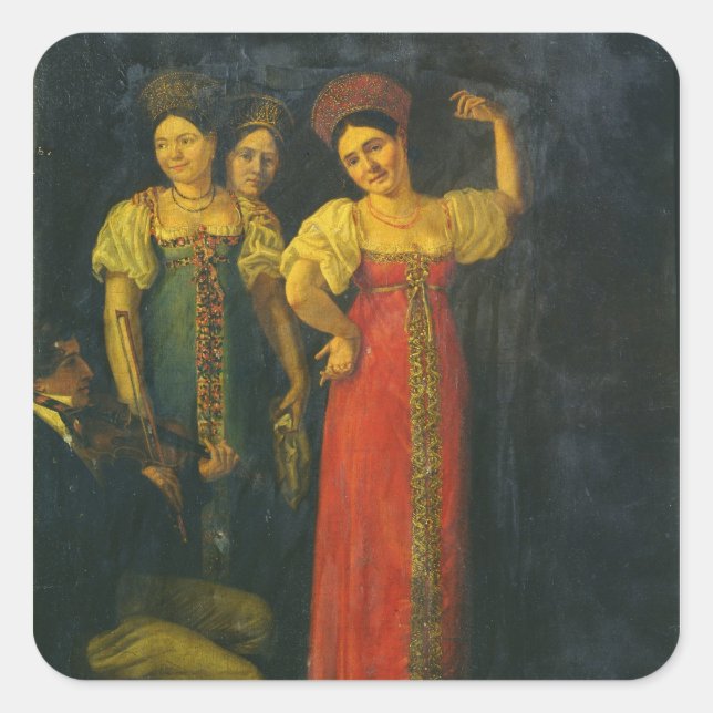 Violinist and three women dancing square sticker (Front)