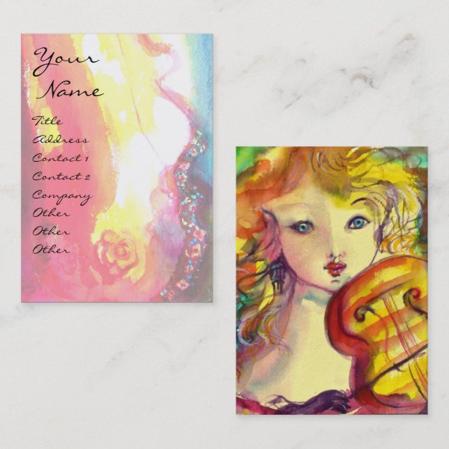 VIOLINIST GIRL PLAYING VIOLIN WITH CAT BUSINESS CARD (Front/Back)