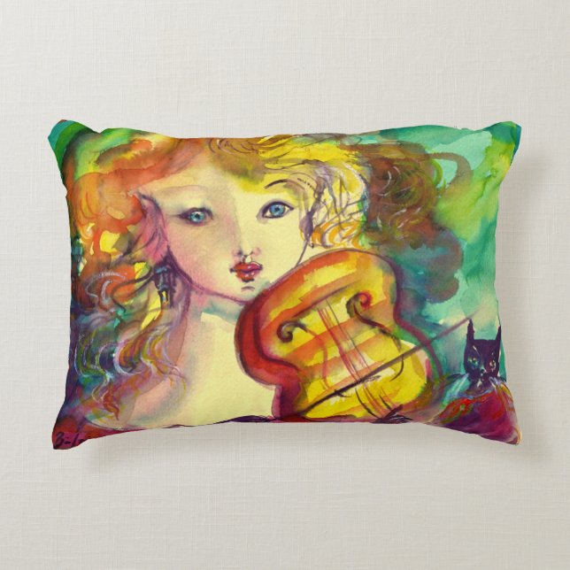 VIOLINIST GIRL ,VIOLIN  AND CAT DECORATIVE CUSHION (Front)