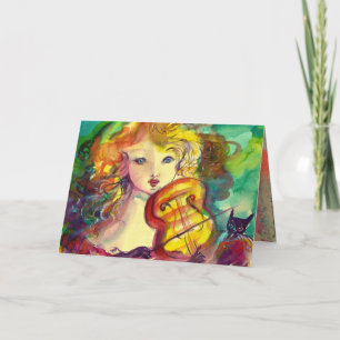 VIOLINIST GIRL ,VIOLIN  AND CAT Father's Day Card