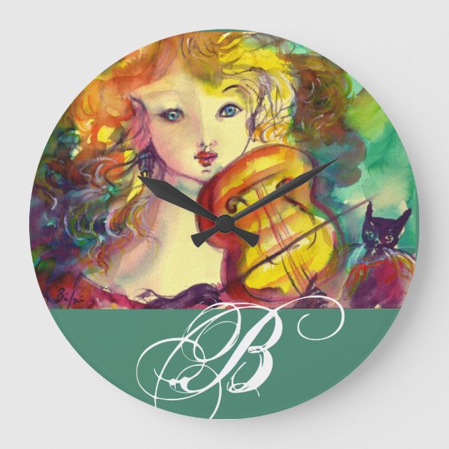 VIOLINIST GIRL ,VIOLIN  AND CAT MONOGRAM LARGE CLOCK (Front)
