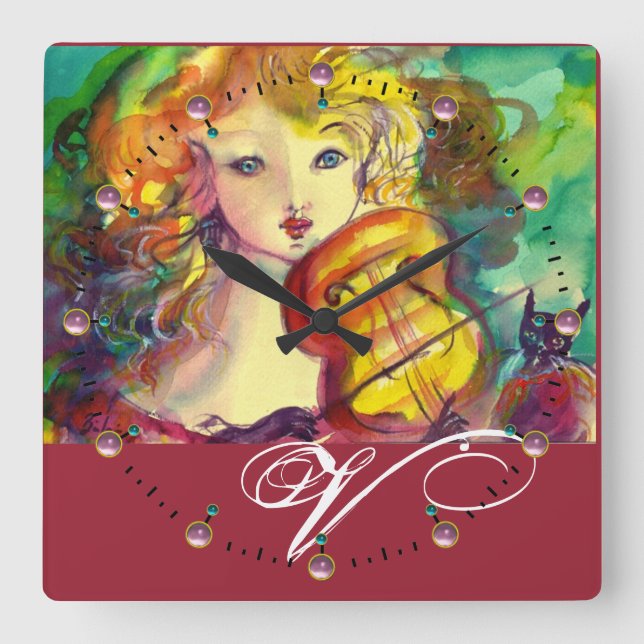 VIOLINIST GIRL ,VIOLIN  AND CAT MONOGRAM SQUARE WALL CLOCK (Front)