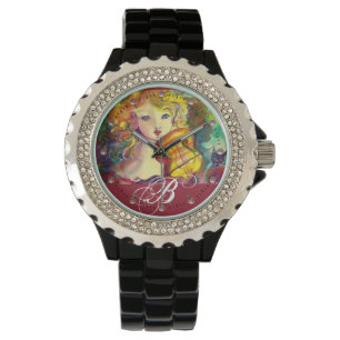 VIOLINIST GIRL ,VIOLIN  AND CAT MONOGRAM WATCH