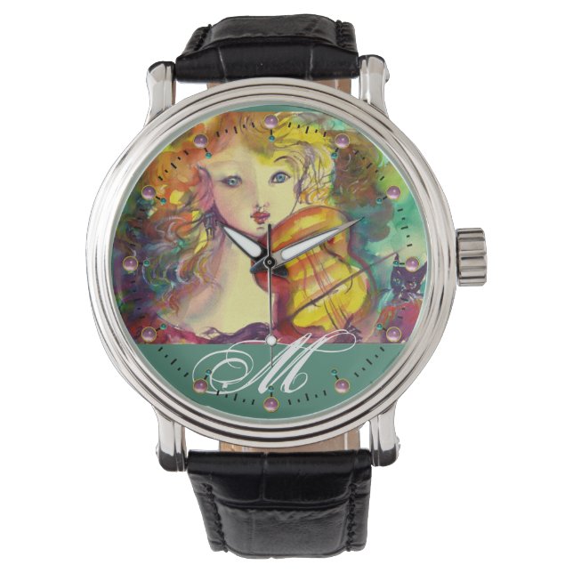 VIOLINIST GIRL ,VIOLIN  AND CAT MONOGRAM WATCH (Front)