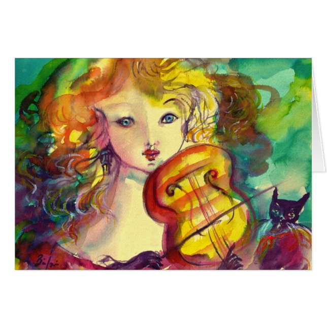 VIOLINIST GIRL ,VIOLIN  AND CAT Mother's Day (Front Horizontal)