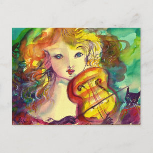 VIOLINIST GIRL ,VIOLIN  AND CAT POSTCARD